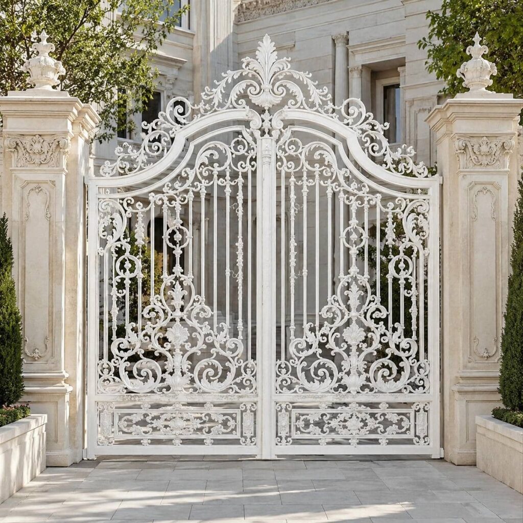 درب حیاط سفید طلایی فرفورژه برای نمای کلاسیک