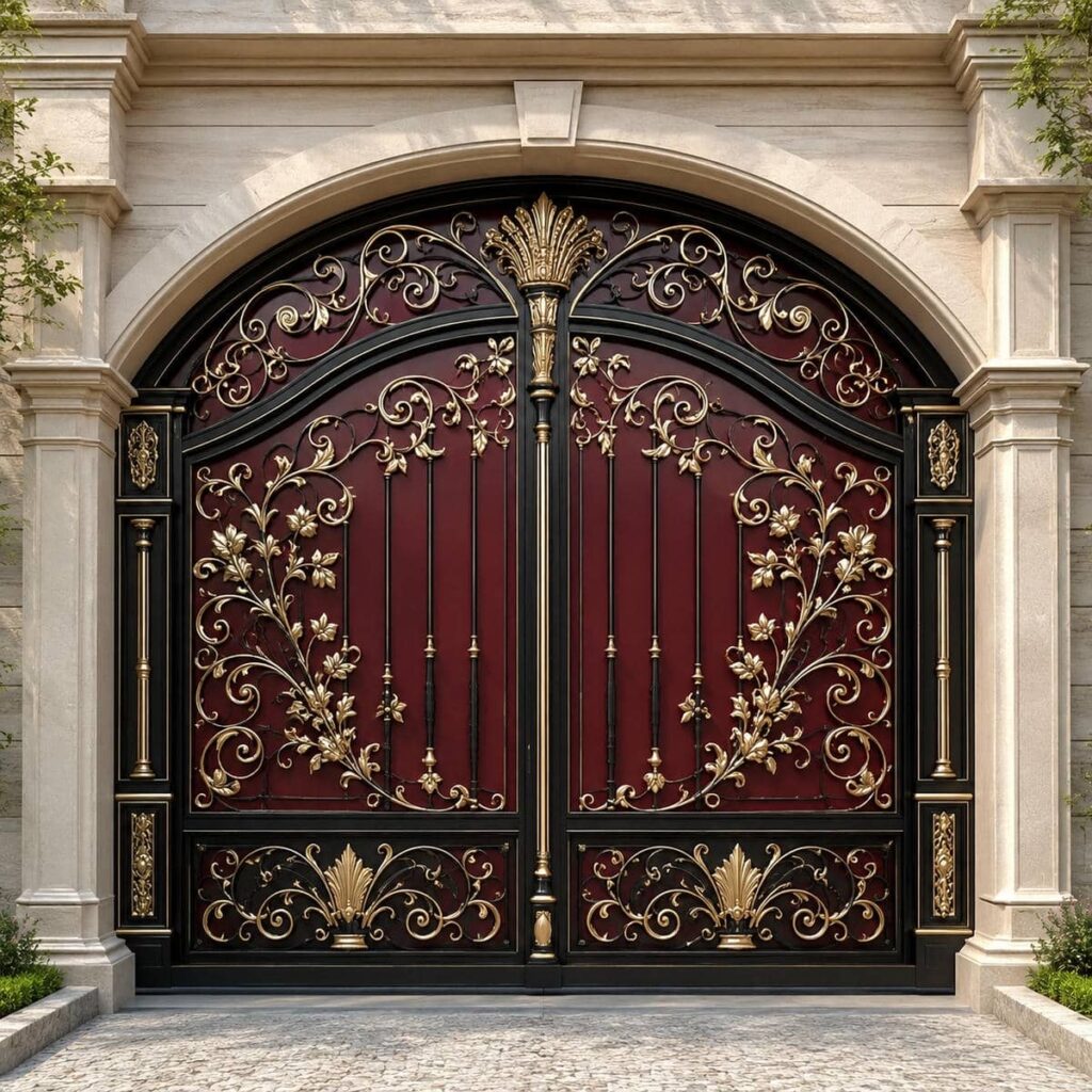 نصب درب پارکینگ فرفورژه نمای رومی روی ستون تقویت شده