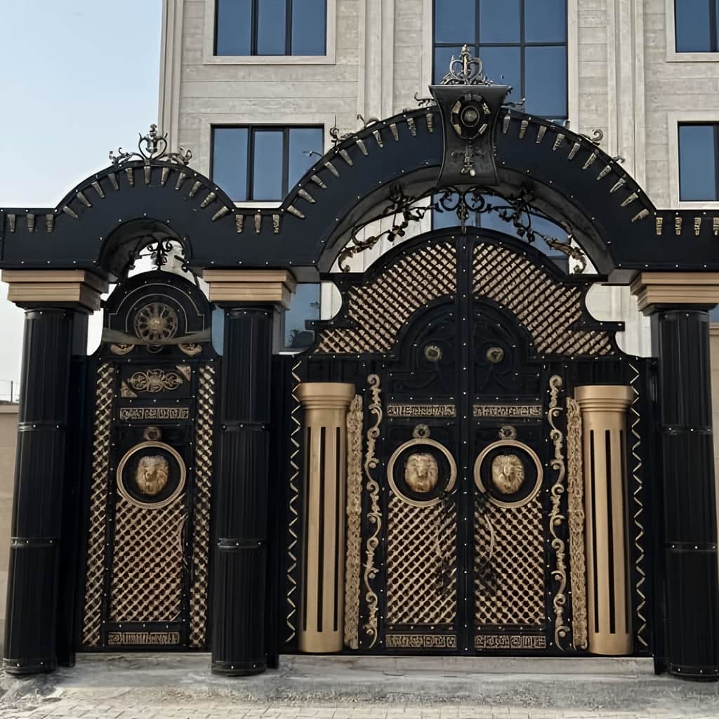 درب پارکینگ فرفورژه نمای رومی با قوس مرکزی
