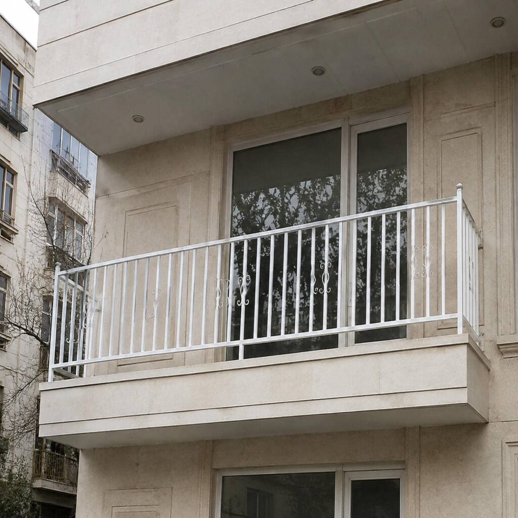 نرده بالکن آلومینیومی کنار نمای روشن نرده بالکن آلومینیومی کنار نمای روشن