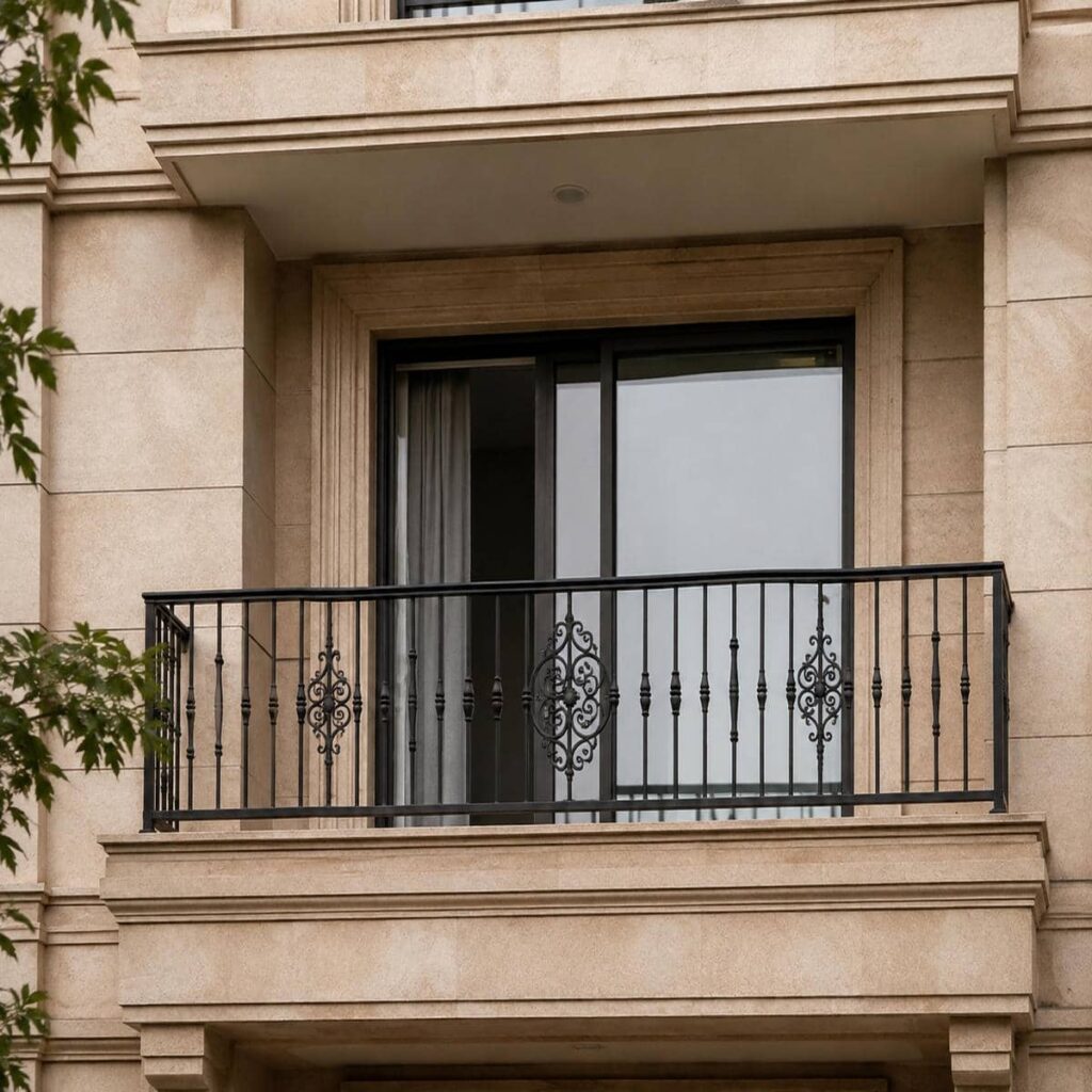 نرده بالکن با خطوط افقی در نمای روشن استان چهارمحال و بختیاری نرده بالکن با خطوط افقی در نمای روشن استان چهارمحال و بختیاری